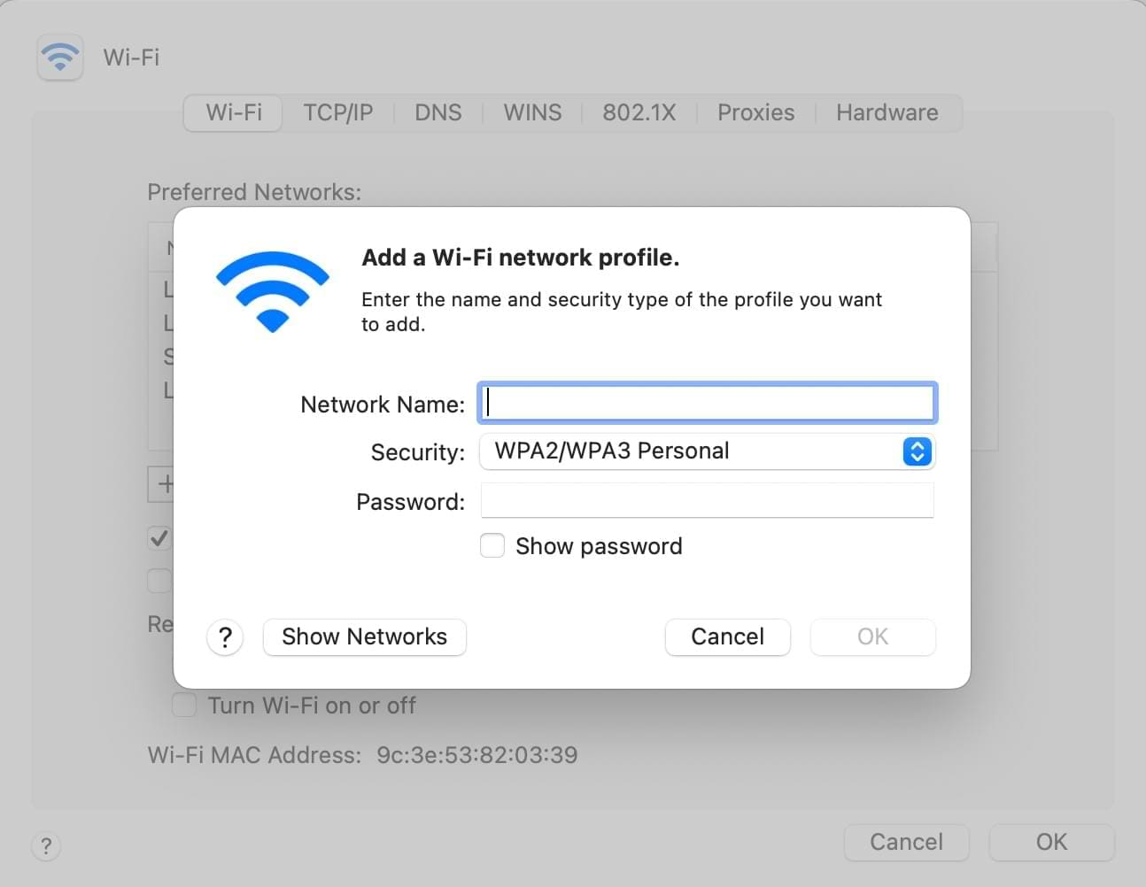 screenshot showing how to enter a wi-fi network's details on mac