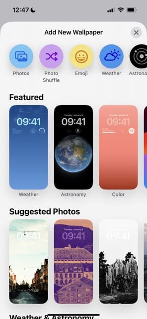 iOS 17 Wallpaper Selection Interface Screenshot