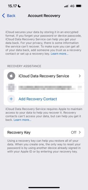 Account recovery options iOS