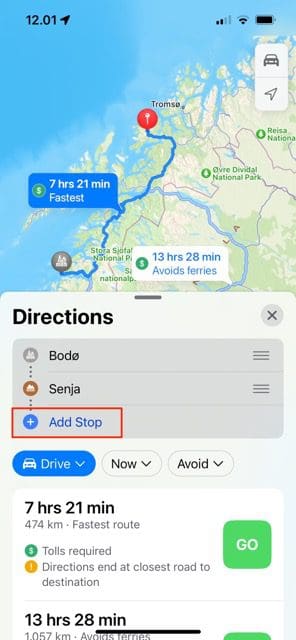 Screenshot showing how to add stops in Maps on iOS 16