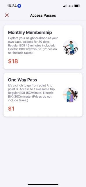 screenshot showing membership options for the bixi app
