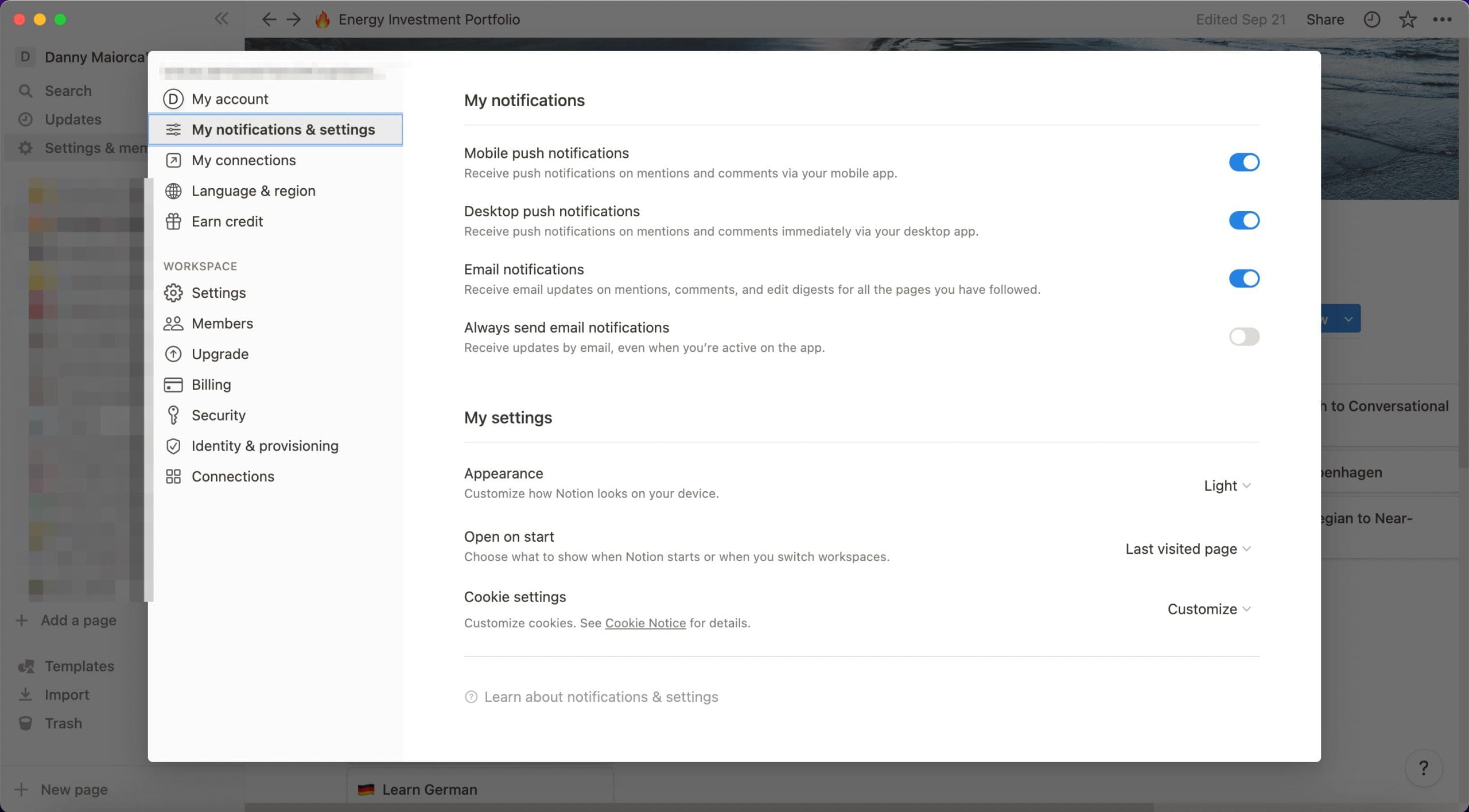 screenshot showing the different email settings for notion on mac