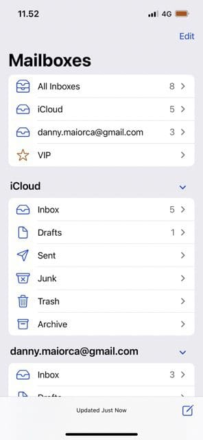 screenshot showing the homepage of the mail app on ios
