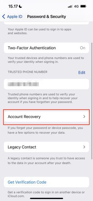 screenshot showing account recovery options on ios