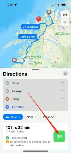 Screenshot showing the Go button in Maps on iOS 16