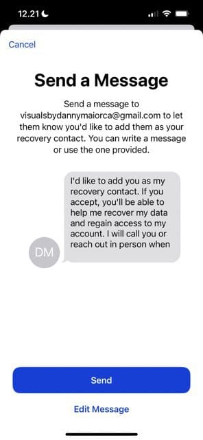 screenshot showing how to send a message to recovery contact on iphone