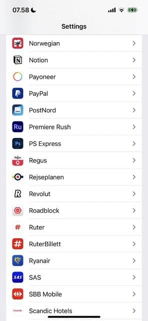 screenshot showing a list of apps in the settings app on ios