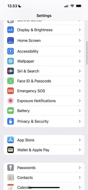 screenshot of the settings app on ios