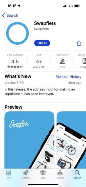 screenshot of swapfiets on the app store