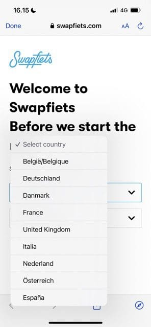 screenshot showing how to pick locations on the swapfiets start page