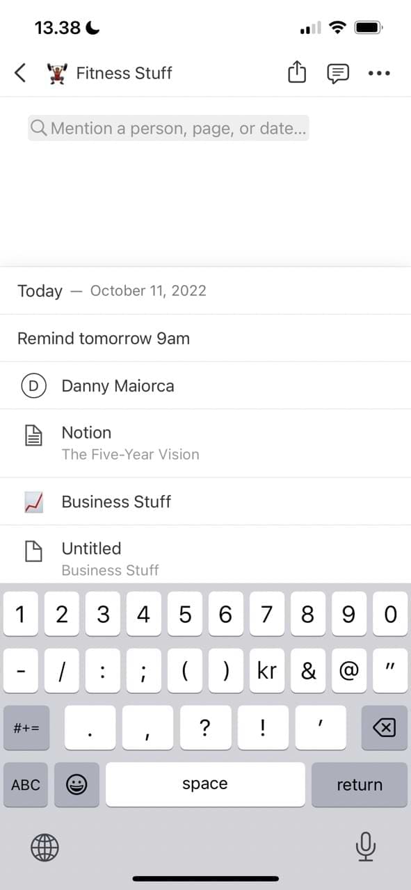 Screenshot showing how to tag a page on Notion for iOS