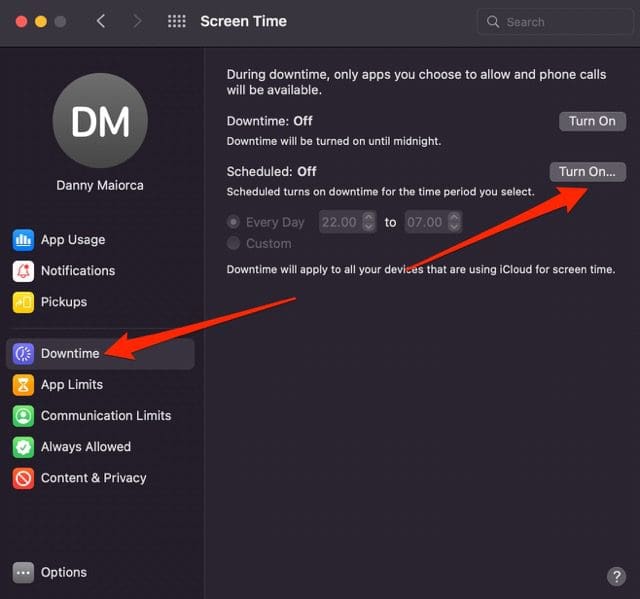 Screenshot showing how to turn on Downtime on Mac Screen Time
