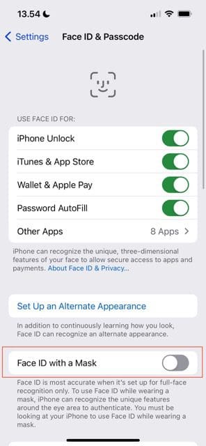 screenshot showing options to use face id on ios