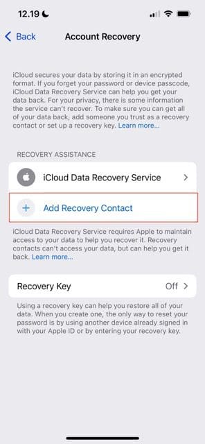 screenshto showing how to add a recovery contact on ios