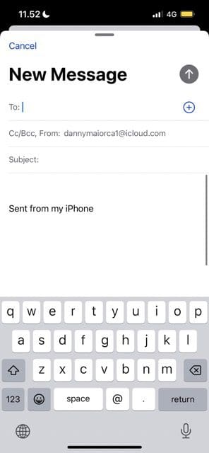 screenshot showing the compose message section on mail for ios