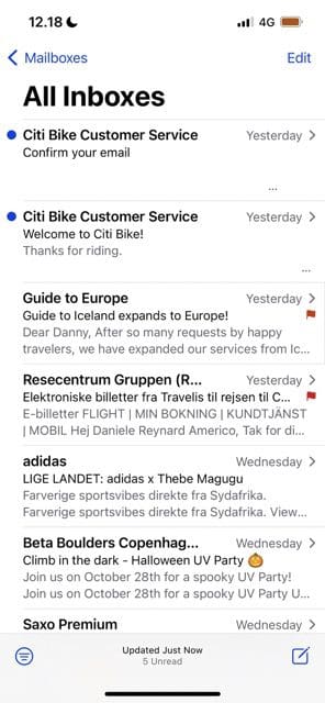 screenshot of an inbox on mail for ios with a flagged email
