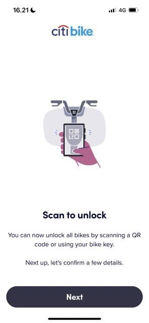 screenshot showing the scan to unlock citi bike app