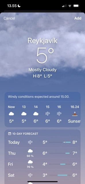 Screenshot showing how to add a location in Weather for iOS