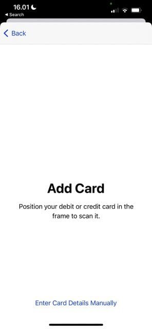 screenshot showing the add card screen in apple pay