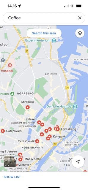 Screenshot showing a list of places to drink coffee on Google Maps