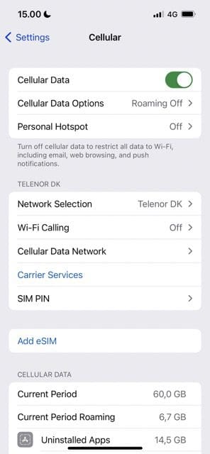 screenshot showing the cellular data section on iphone