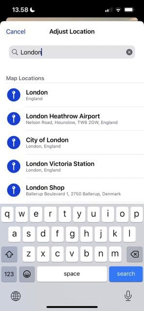 screenshot showing how to choose a new location in iOS