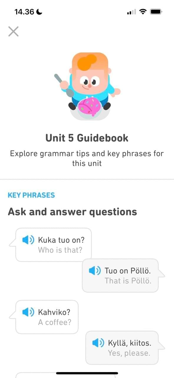 Screenshot showing a guidebook in Duolingo