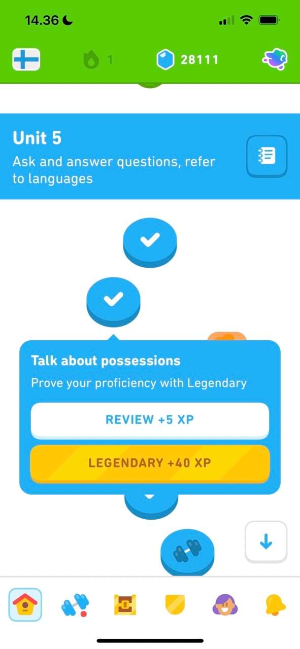 Screenshot showing how to start a Legendary lesson in Duolingo