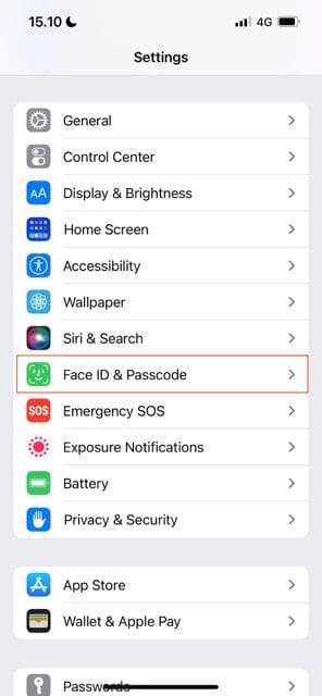 Screenshot showing the Settings app on Face ID and Passcode on iOS