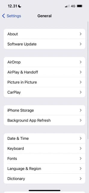 Screenshot showing the General tab in the Settings app