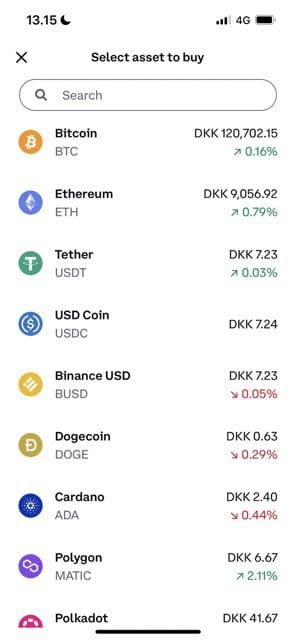 Screenshot showing a list of assets to buy in Coinbase