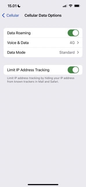 screenshot showing the data roaming toggle switched on