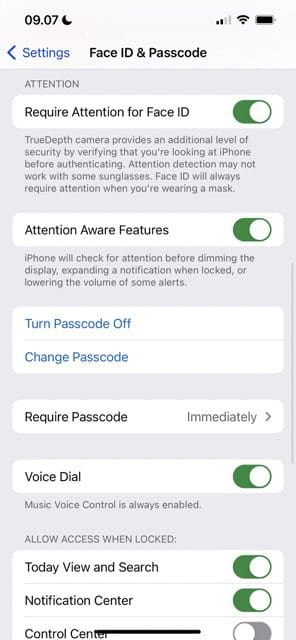 Screenshot showing Face ID/Passcode Interface on iPhone