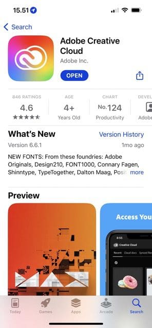 screenshot showing the adobe creative cloud app on the app store