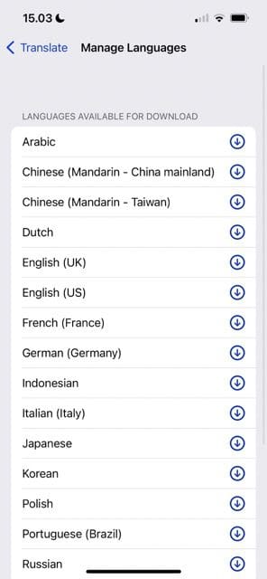 screenshot showing a list of options that you can download on apple translate