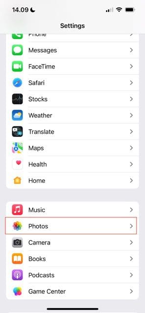 screenshot showing the photos tab in your iphone settings