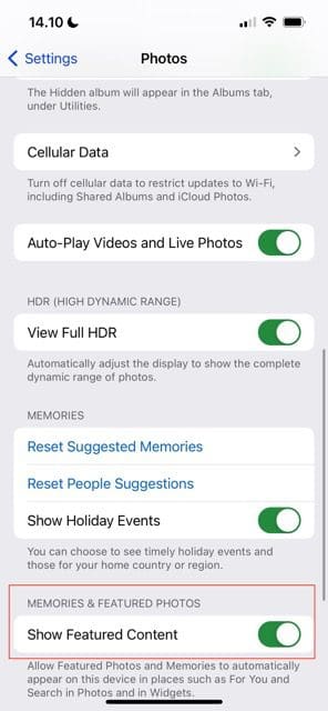 screenshot showing how to turn off show featured content on ios