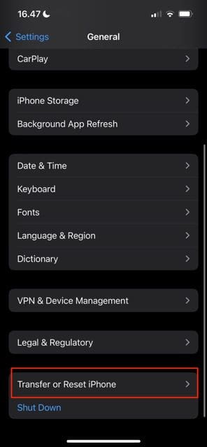 screenshot showing how to transfer or reset iphone settings
