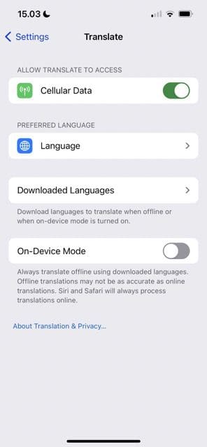 screenshot showing how to download new languages in apple translate