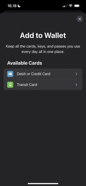 Screenshot showing how to add a transit card to Apple Wallet