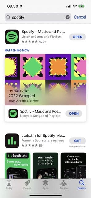 screenshot showing app store search results in spotify