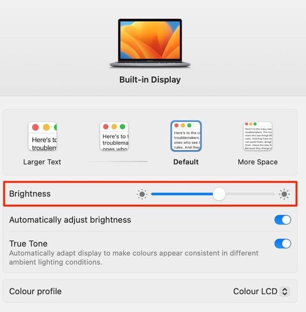Screenshot showing the Brightness slider on a MacBook