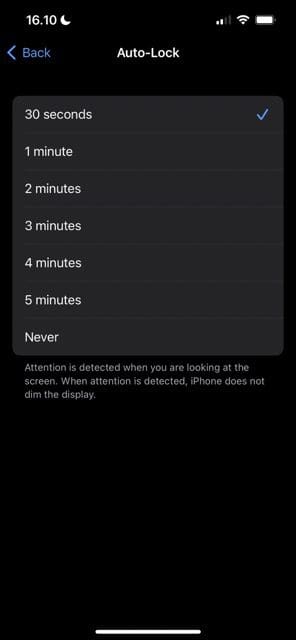 Screenshot showing the different time options in iOS Auto-Lock