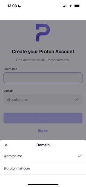 Screenshot showing how to choose a domain on ProtonMail