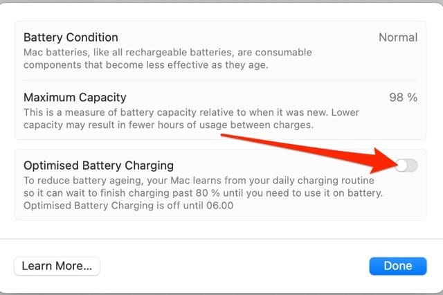 Screenshot showing optimized battery charging toggle on Mac