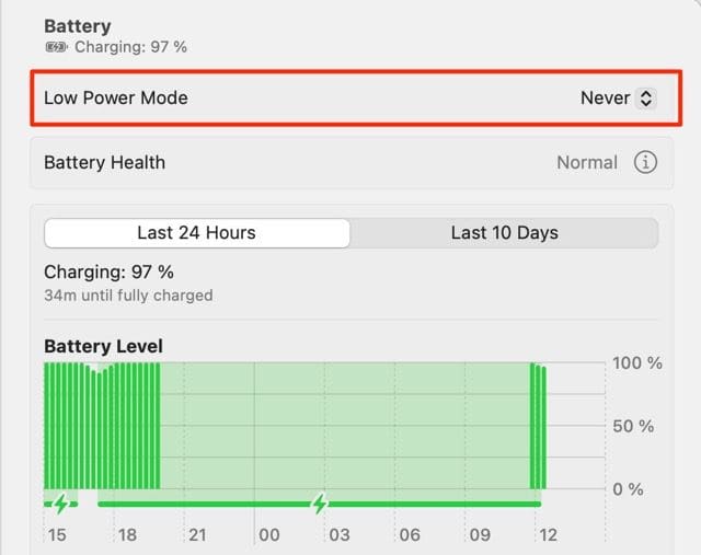 Screenshot showing the dropdown menu for low power mode on macbook