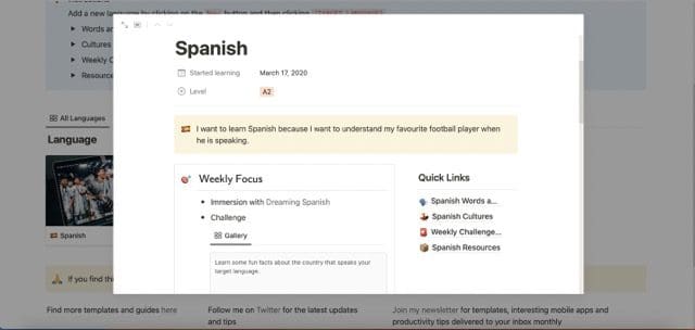 screenshot showing a notion language learning template 
