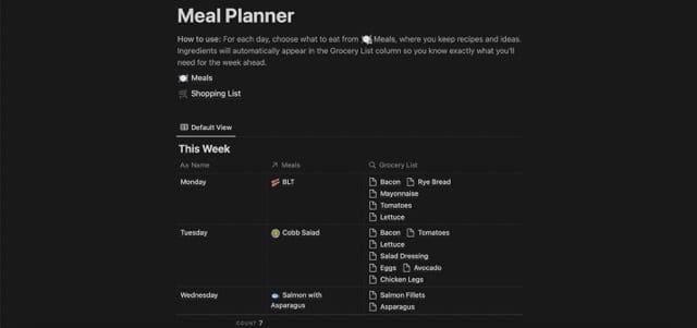 screenshot showing a meal planning template in notion