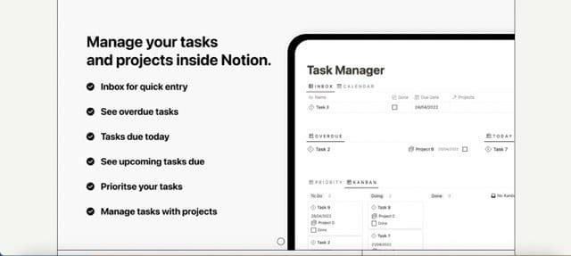 screenshot showing a task manager template in notion