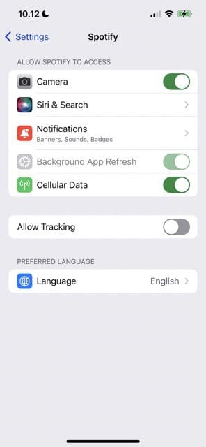 screenshot showing the settings app on iphone